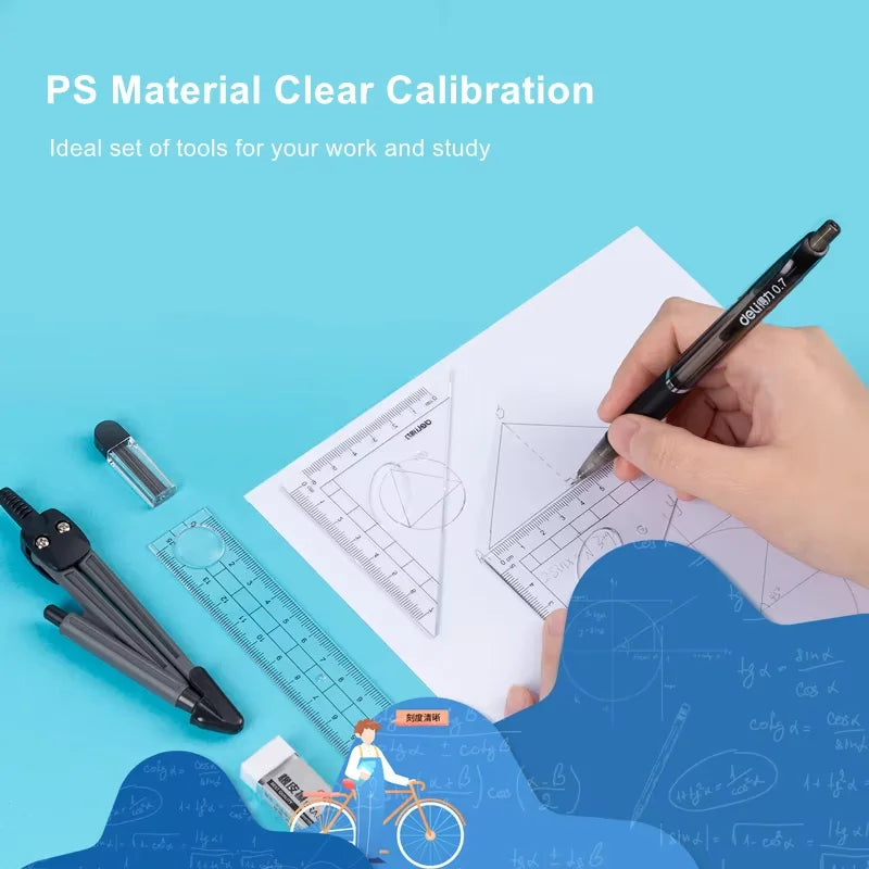 A hand is drawing on a sheet of paper using a pen, next to a set of drafting tools including a compass and ruler.