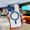 Klares blaues magnetisches kabelloses Handy-Cover für iPhone mit Kameraschutz und kreisendem Design.