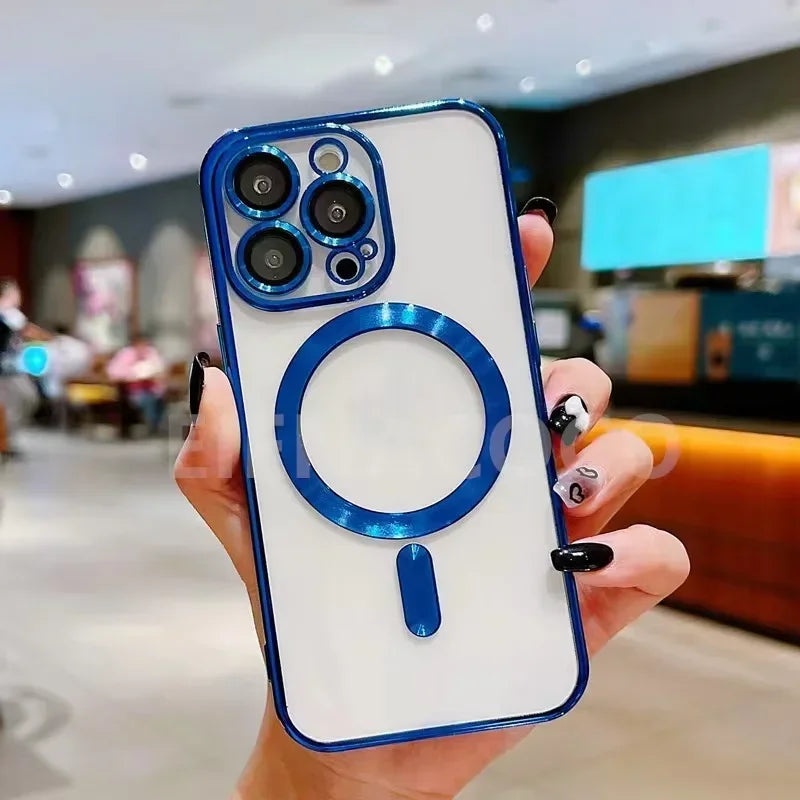 Klares blaues magnetisches kabelloses Handy-Cover für iPhone mit Kameraschutz und kreisendem Design.