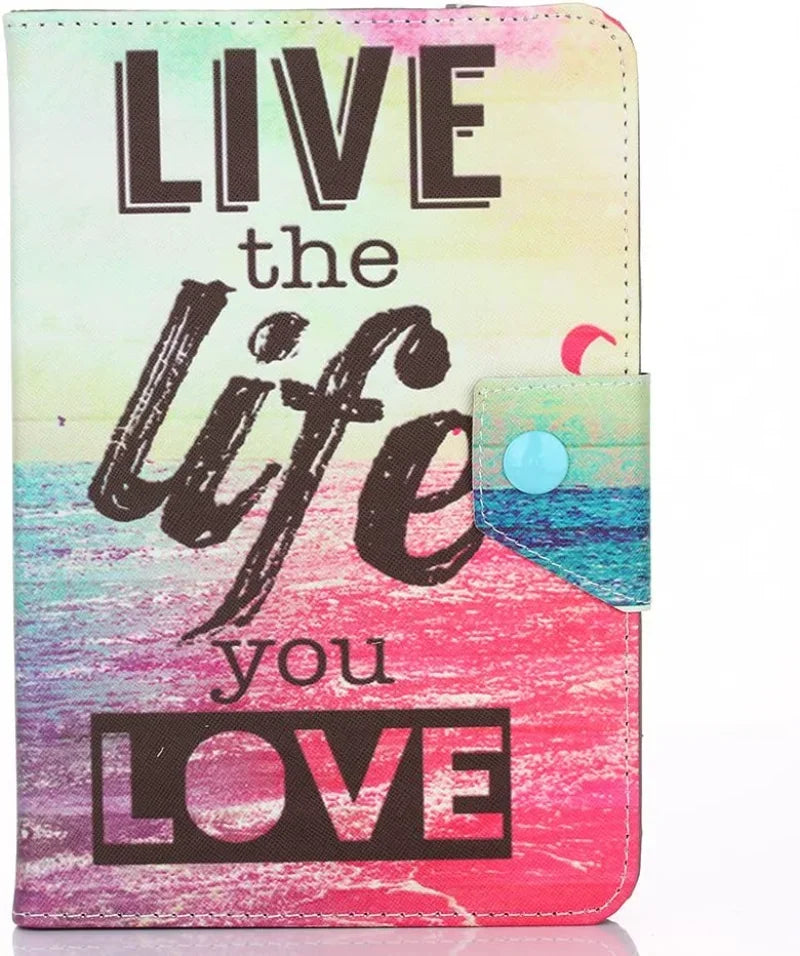 A pink and teal silicone folio case featuring the text LIVE the life you LOVE overlaid on a vibrant sunset sea background.