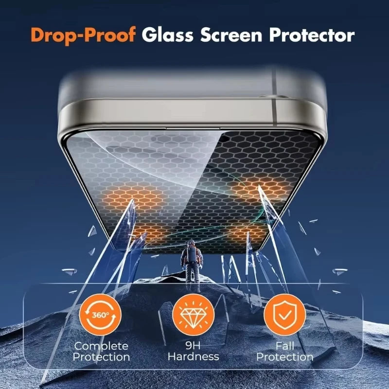 Drop-Proof Glass Screen Protector showing a device protected by a clear glass screen on a dark surface.