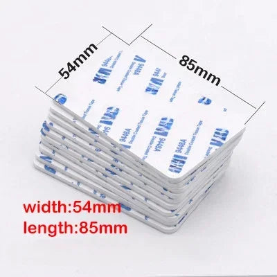 A stack of white double-sided foam mounting tape sheets with dimensions 54mm by 85mm.