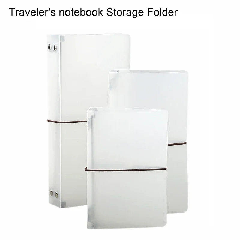 A white clear PVC cover for a standard traveler's notebook storage folder.
