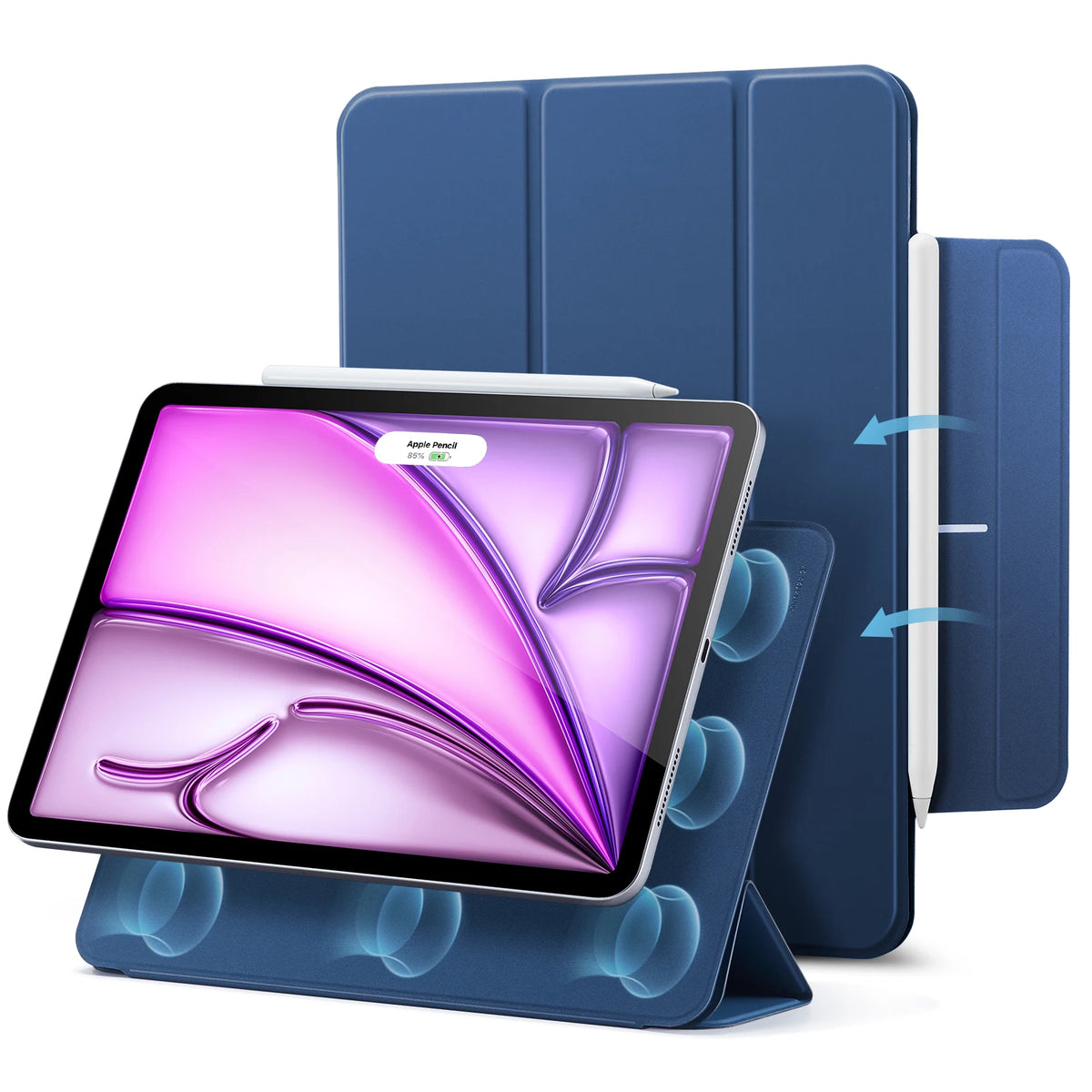 A purple magnetic folio case for an iPad Air is shown alongside the tablet.