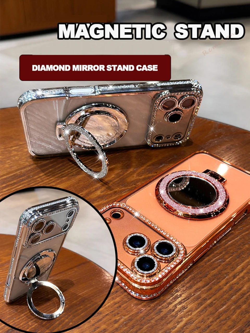 Diamantspiegelhalter für iPhone mit magnetischem Ständer und Glitzer-Finish