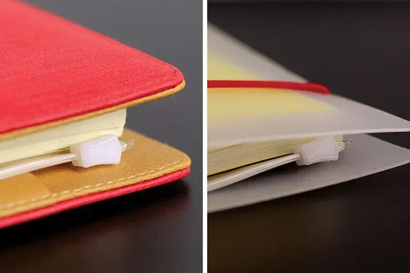 A close-up view of a red and yellow binder pocket with a white zipper, designed for notebooks.