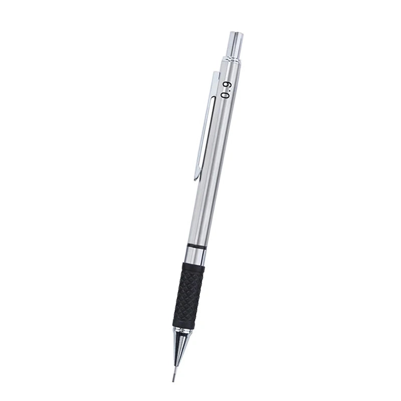Silver metal mechanical pencil with black grip and HB lead core