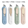 Four colored mini pocket knives in blue, white, green, and pink displayed side by side.