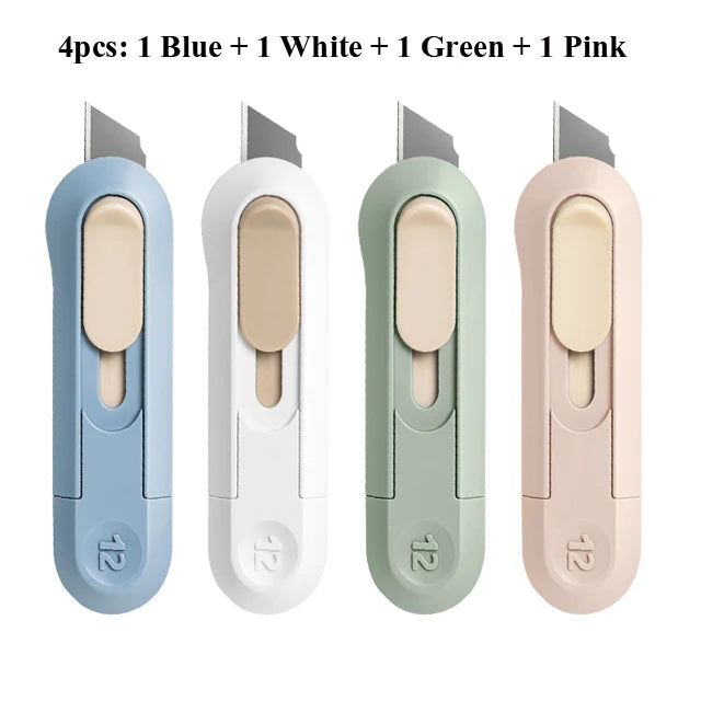 Four colored mini pocket knives in blue, white, green, and pink displayed side by side.