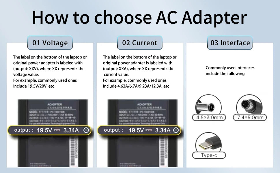 Diagramm zur Auswahl eines AC-Adapters basierend auf Spannung, Strom und Schnittstellentypen.