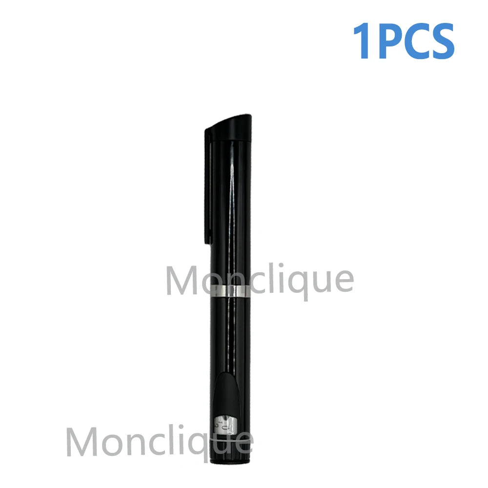 A black reusable metal injection pen is shown vertically.