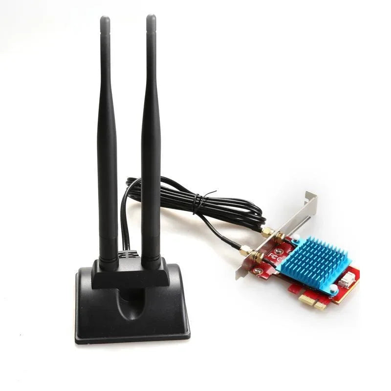 A black dual band magnetic WiFi antenna with a connector and wires is shown on a white background.