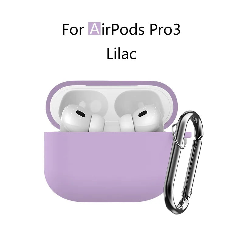 A lilac silicone protective case with a keychain for AirPods Pro 3 earbuds.