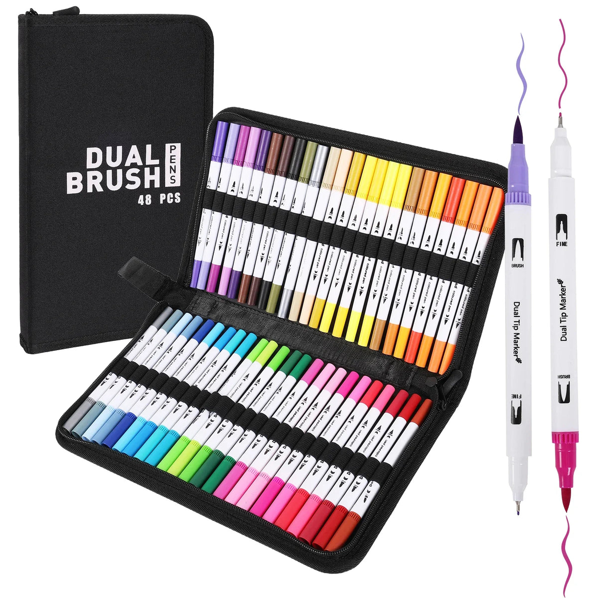 A black case holding a set of 48 dual-tip brush markers with various vibrant colors.