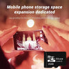 Hands hold a smartphone displaying storage expansion options and a microSD memory card.
