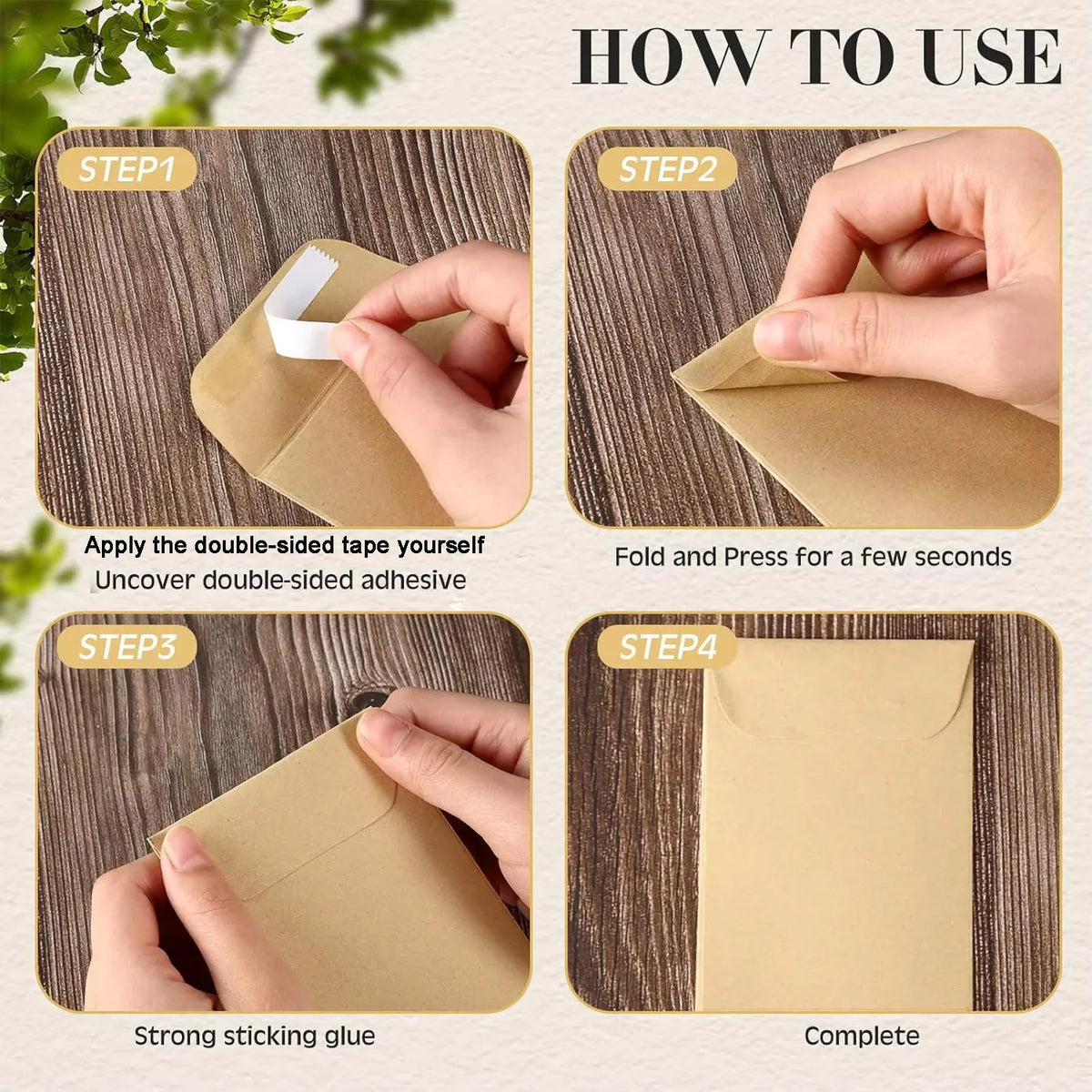 Step-by-step guide showing how to use double-sided tape and strong sticking glue to seal resealable seed envelopes for garden