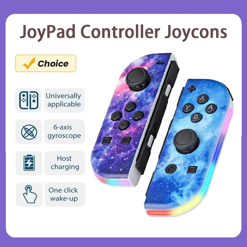 A pair of colorful, iridescent Joy-Con style controllers with buttons and a joystick are shown next to a checklist.