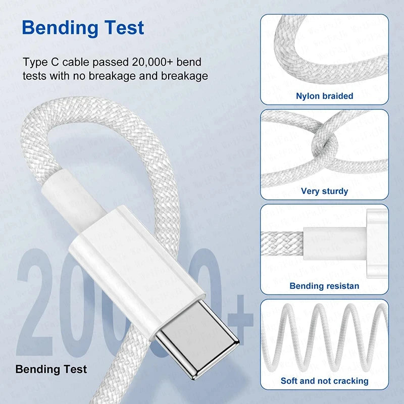 A white USB-C cable is shown undergoing a bending test to demonstrate its durability and flexibility.