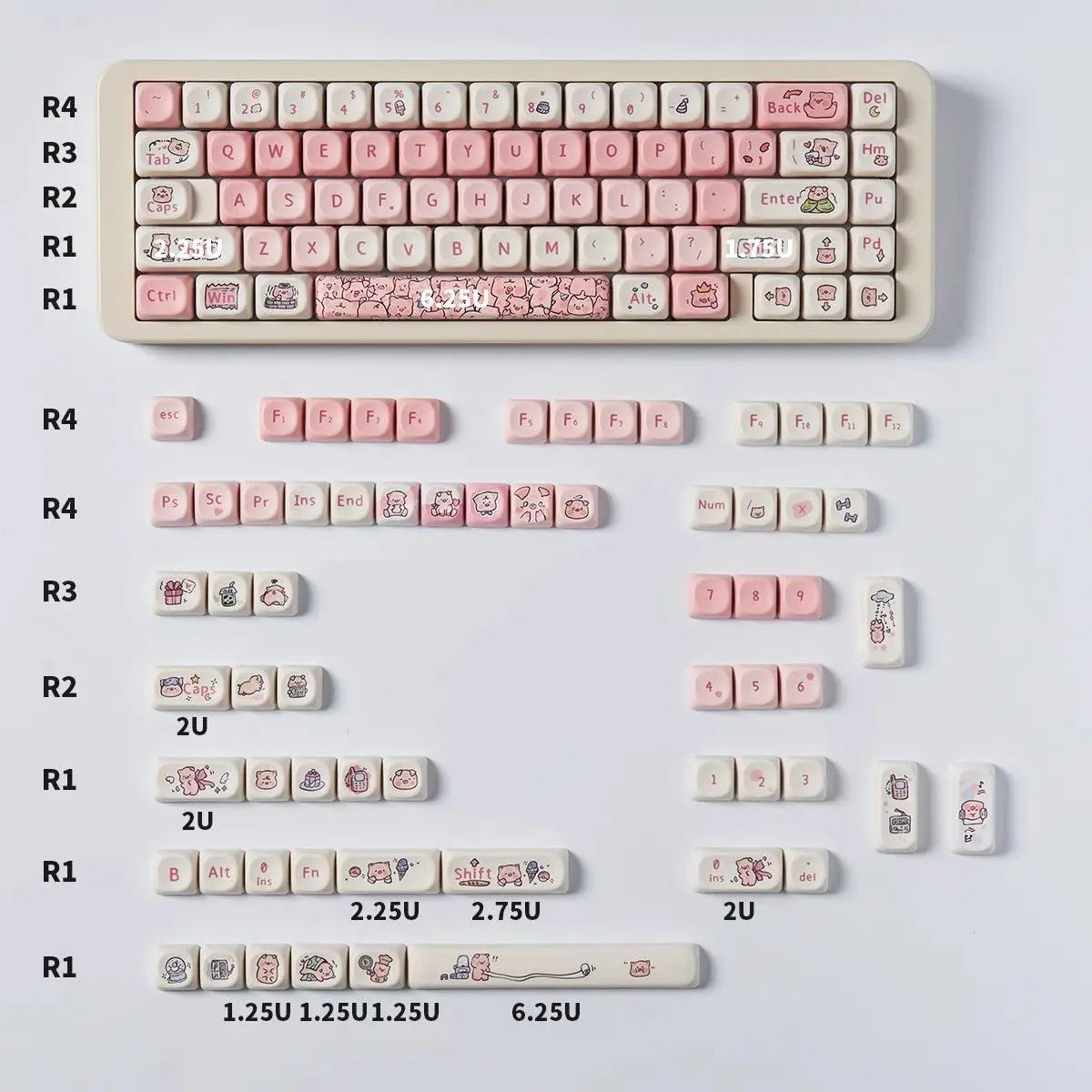 A layout of various pink and white PBT keycaps for a mechanical keyboard, including R4 through R1 rows.