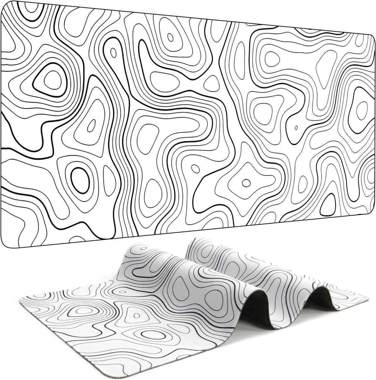 A black and white line drawing of a large contoured rubber mouse pad for gaming and desk use.