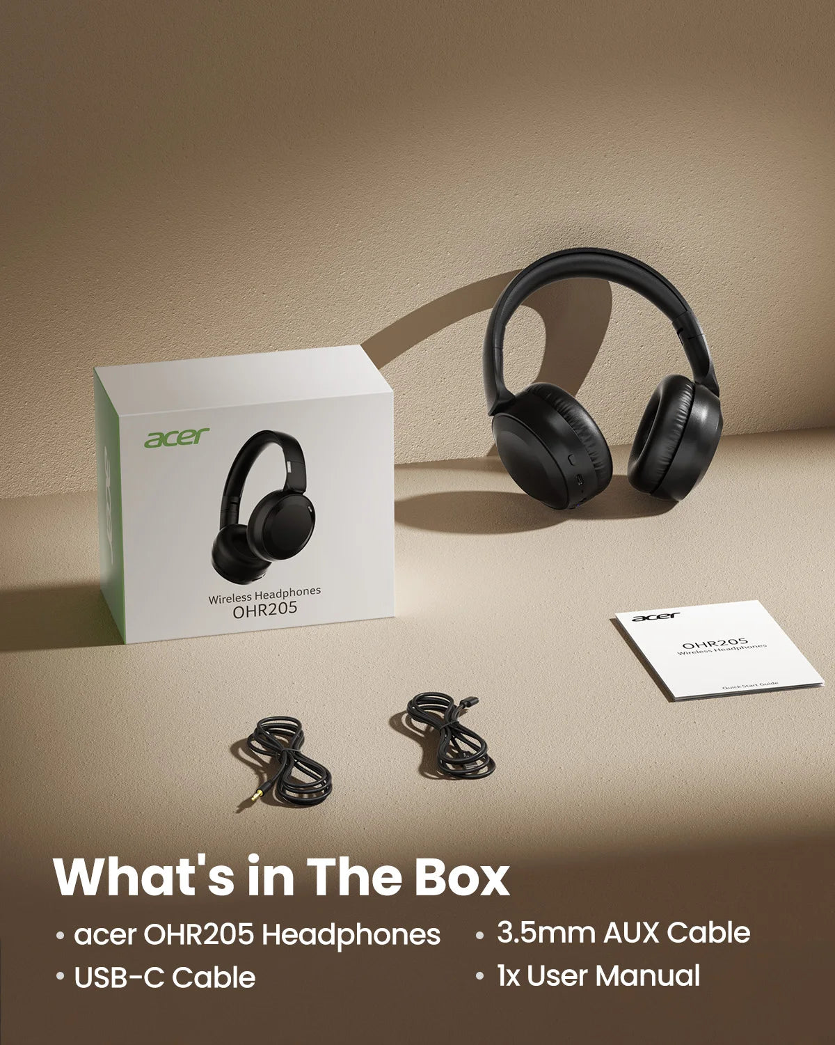 Boxed Acer OHR205 wireless headphones with a 3.5mm AUX cable and USB-C cable displayed on a beige surface.