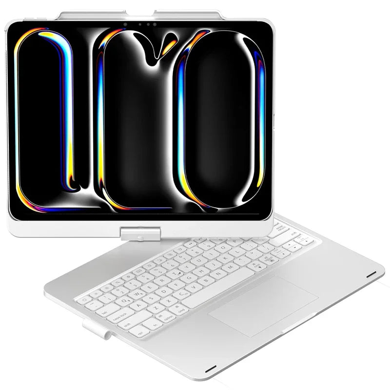 A 360° rotating keyboard case with a trackpad for an iPad Pro or Air, showing the device's side profile.