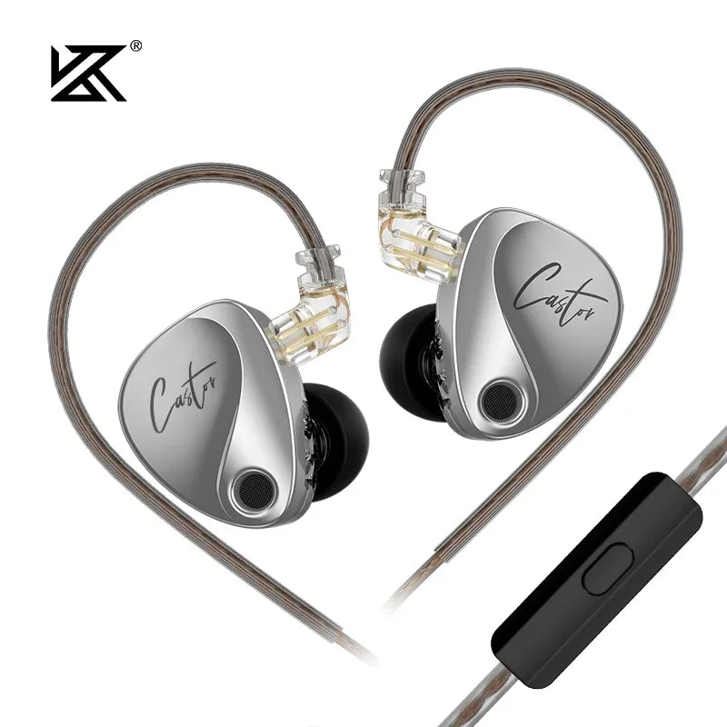 A pair of silver KZ Castor earphones with detachable cables and a black control unit.