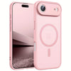 A pink magnetic wireless charging lens protector case for an iPhone, shown in a vertical view.