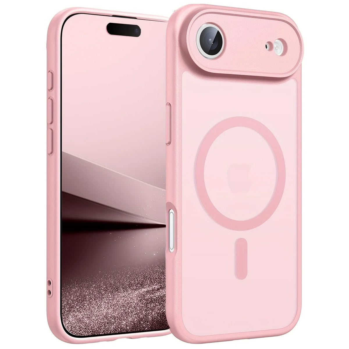 A pink magnetic wireless charging lens protector case for an iPhone, shown in a vertical view.