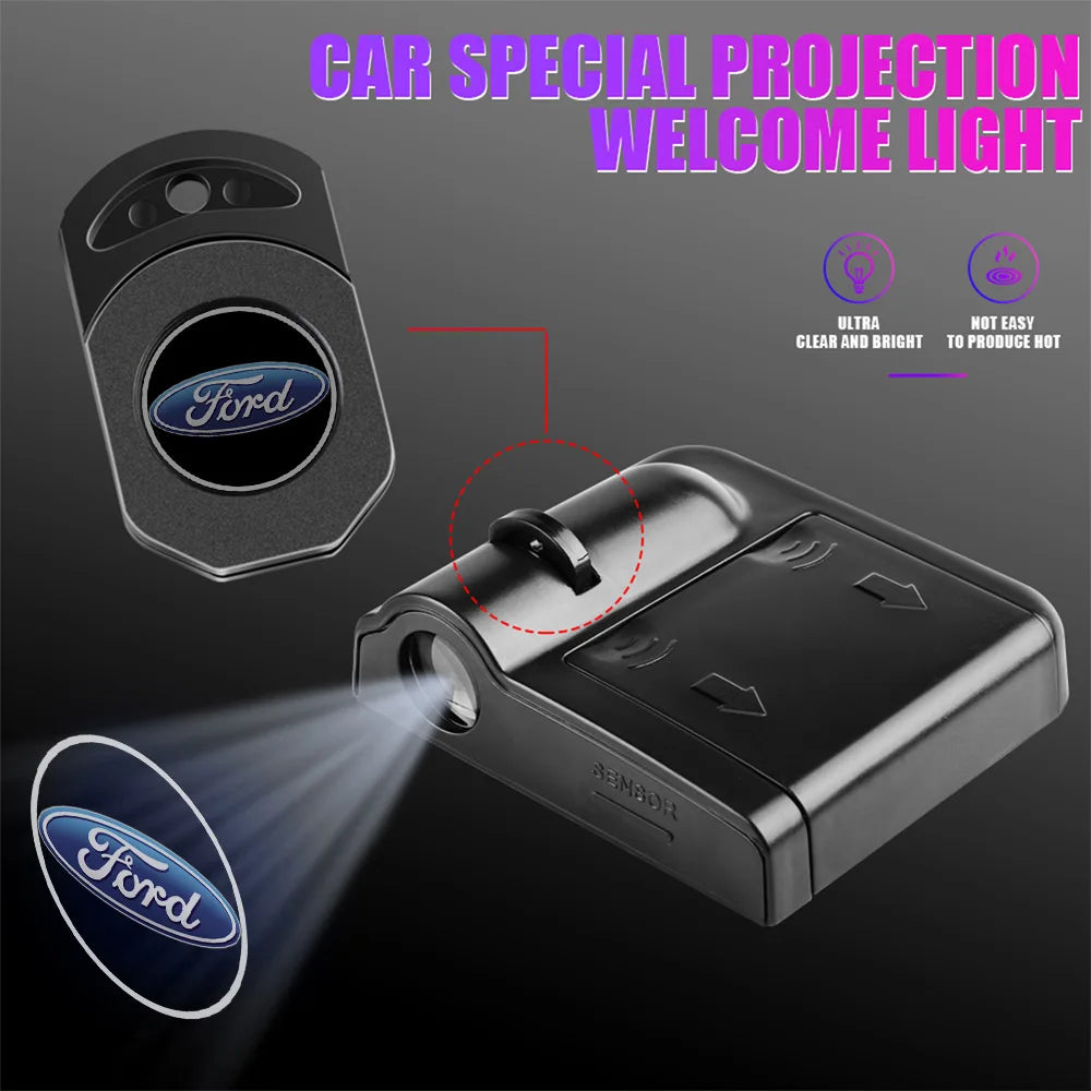 A close-up view of an LED car projection welcome light device, showing its projection beam and housing.