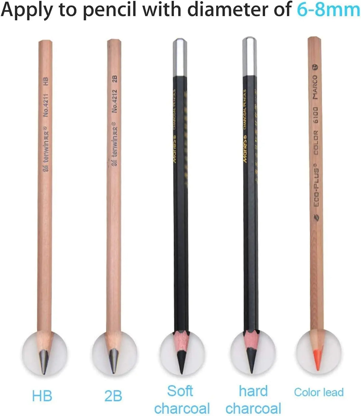 Pencils with diameters of 6-8mm including HB, 2B, and hard charcoal pencils