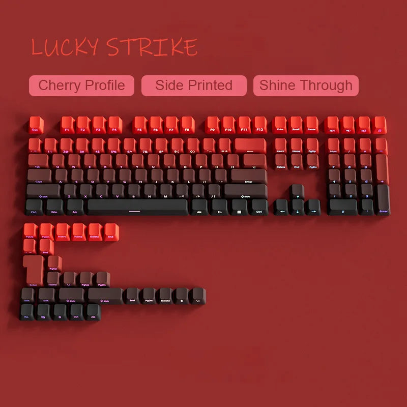 A close-up view of a red mechanical keyboard featuring Cherry profile keycaps with side printing and shine through.