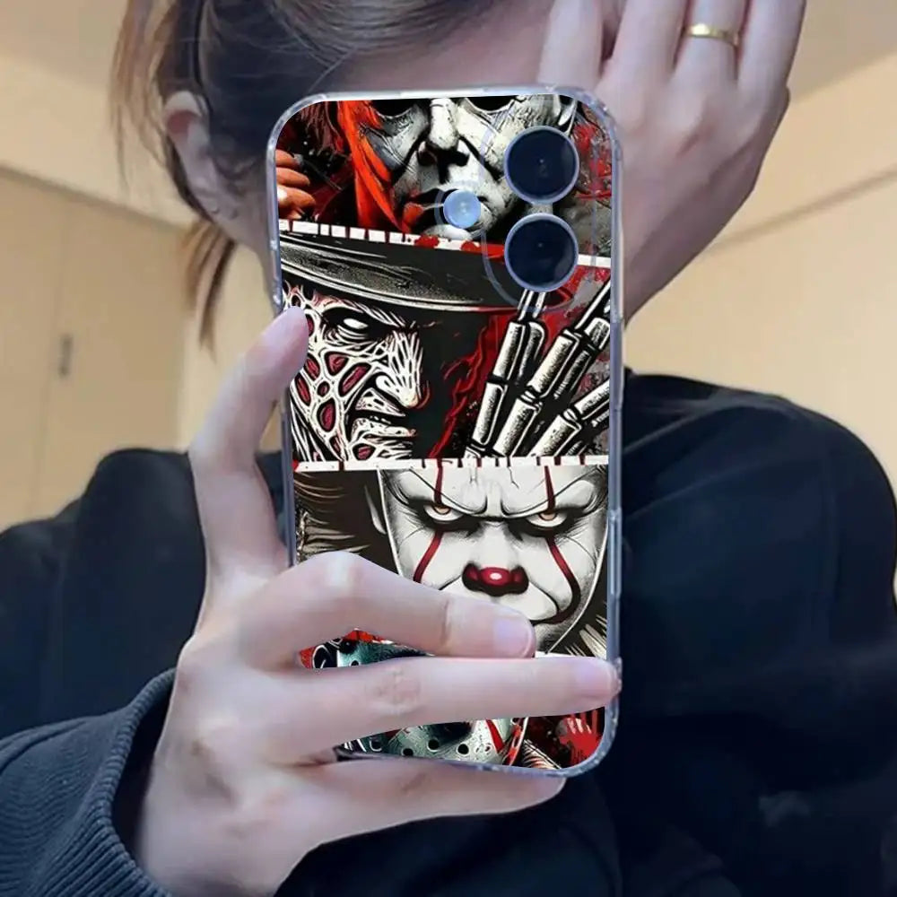 A close-up photo of a Michael Myers horror themed iPhone case featuring various masked figures and blood effects.
