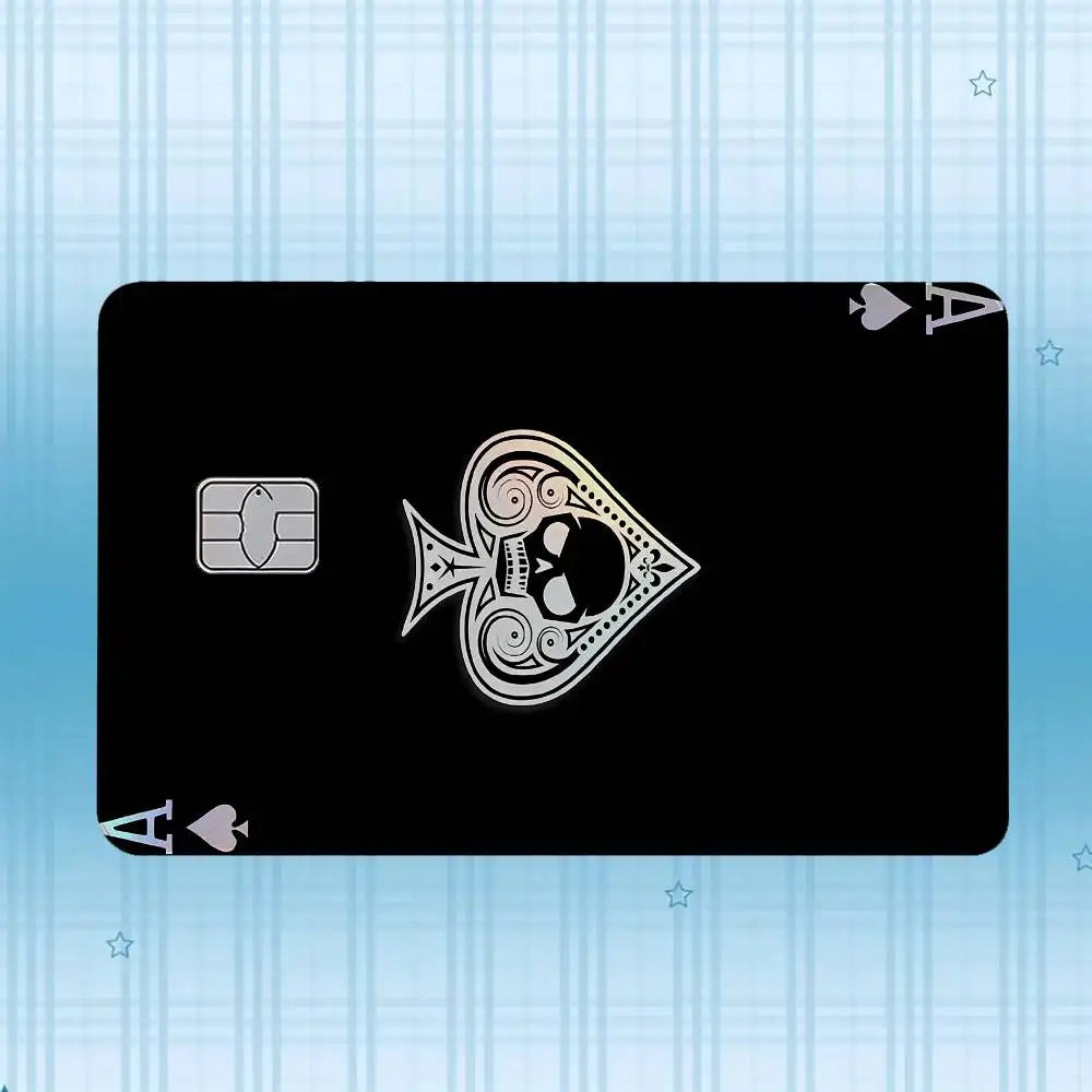 A black card featuring a holographic laser design and a square chip.