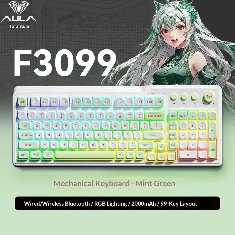 Nahaufnahme einer mintgrünen mechanischen Tastatur mit einer Illustration einer weiblichen Figur.