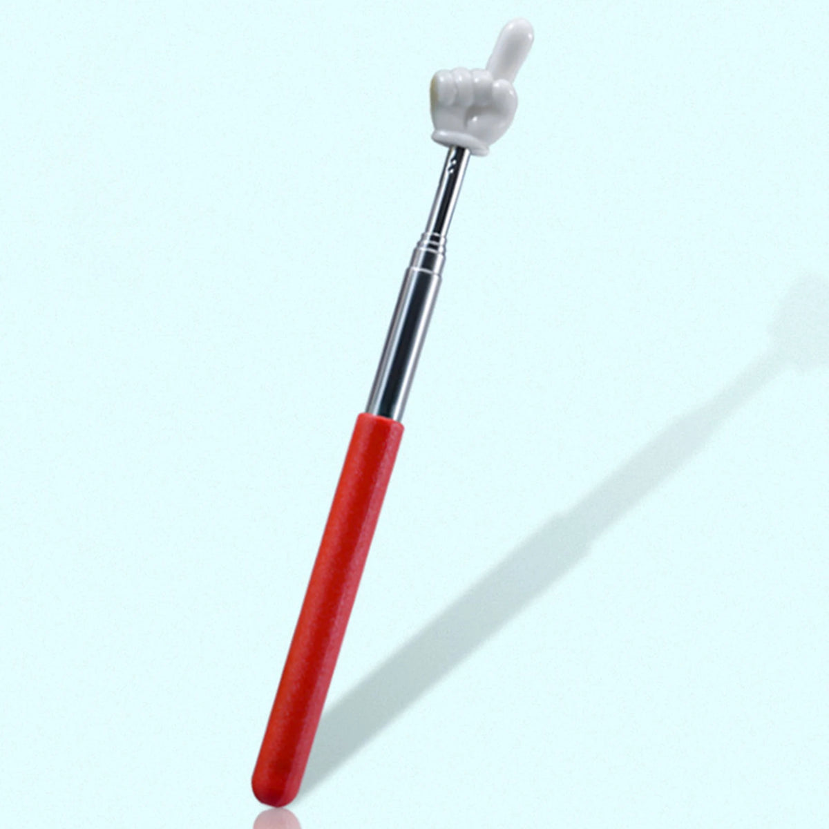 A red retractable teacher pointer stick with a white tip is shown against a light blue background.