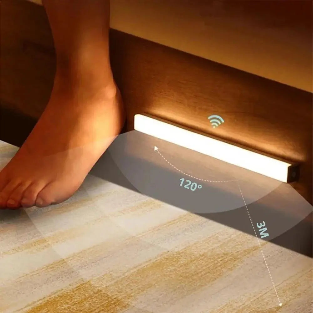 A motion sensor LED night light is mounted on a wooden surface, illuminating a textured fabric with a 120-degree beam and 3-m