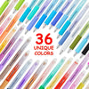 A collection of 36 unique colored retractable erasable gel pens displayed in a row.