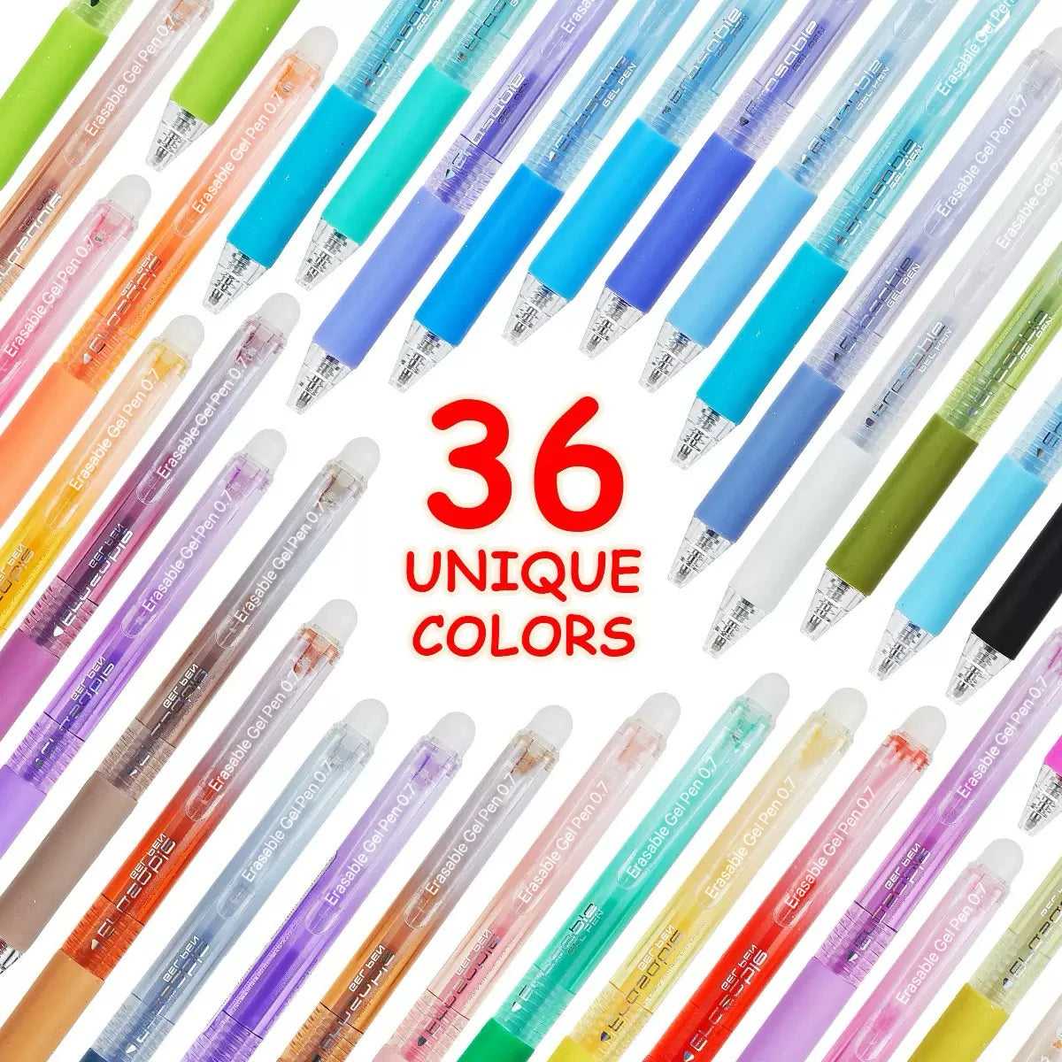 A collection of 36 unique colored retractable erasable gel pens displayed in a row.