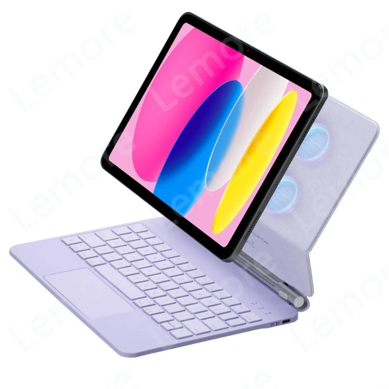 A purple backlit magic keyboard case for an iPad showing colorful light effects.