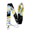A black and yellow patterned cat-themed lanyard with a card holder attached.