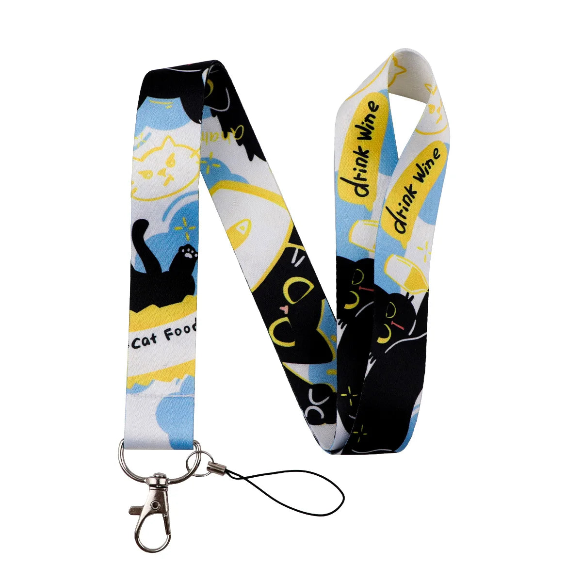 A black and yellow patterned cat-themed lanyard with a card holder attached.