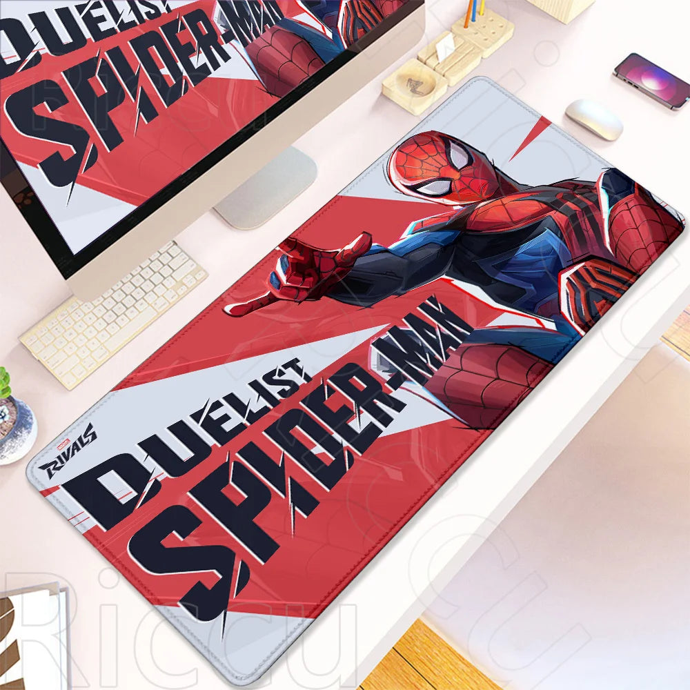 A red and black Spider-Man themed desk mat mouse pad featuring a Spider-Man character design.