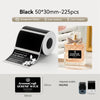 Roll of black thermal transfer stickers for labels and organization, with examples of the size and application.