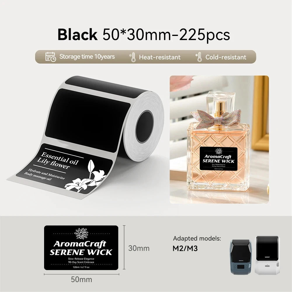 Roll of black thermal transfer stickers for labels and organization, with examples of the size and application.