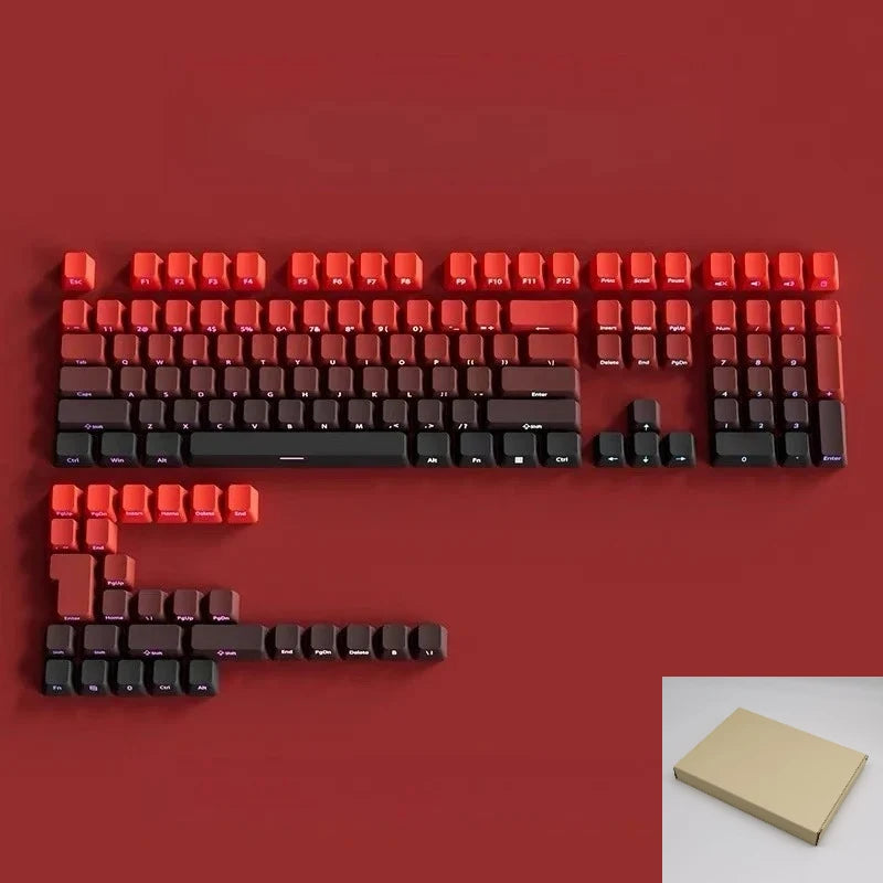 A close-up view of a keyboard featuring gradient gray double shot PBT keycaps with side printing on a red background.