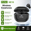 Black HTC NE16 wireless earphones shown with features like Bluetooth 6.0, HiFi sound, and IPX5 waterproof rating.