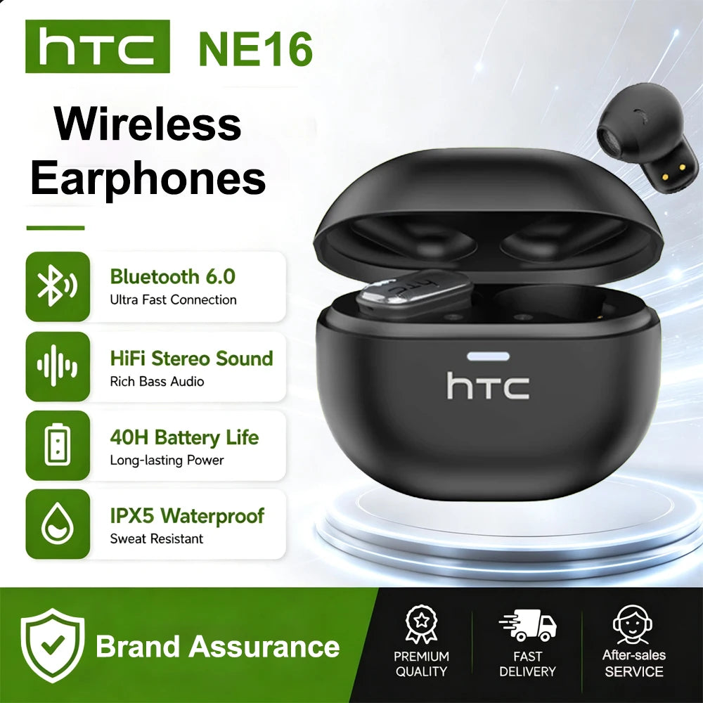 Black HTC NE16 wireless earphones shown with features like Bluetooth 6.0, HiFi sound, and IPX5 waterproof rating.