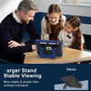 A man and two girls are looking at a blue stand for an iPad, demonstrating its stable viewing capability.