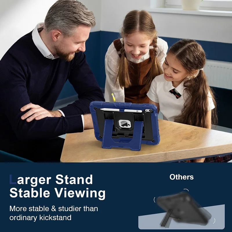 A man and two girls are looking at a blue stand for an iPad, demonstrating its stable viewing capability.